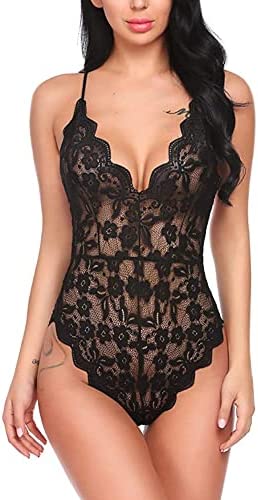 KOEMCY Sexy Lingerie for Women Naughty Lace Bodysuit Sexy Teddy Lingerie One Piece Floral Lace Leotard Babydoll Deep V Neck Sexy Underwear