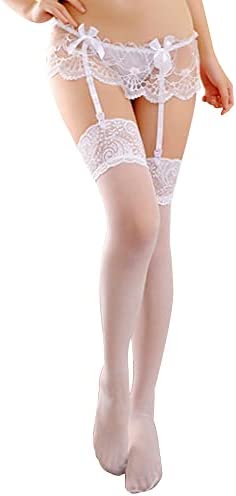 TOEECY Women Lingerie Set with Suspenders and Stockings Sexy Lace 4 Strap Slim Garter Belt Suspender Belt Thigh Garter Stretch Socksgarter Erotic Clothing (White)