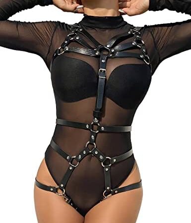 Body Harness for Women Full Strappy Chest Harness Gothic Pentagram Bra Set Strap Adjustable Punk Garters Suspender Belt Lingerie for Rave Party