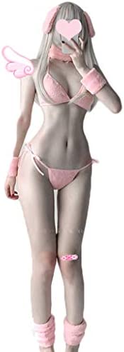 Women Sexy Lingerie Set Furry Bunny Cosplay Costume Japanese Anime Micro Bikini Pink Bra and Panty Lolita Underwear