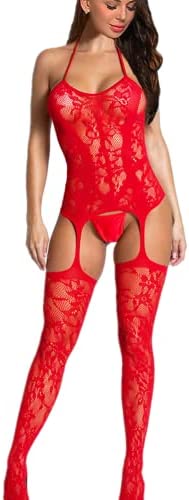 ROSVAJFY Sexy Lingerie for Women Naughty Bodystocking Fishnet Bodysuit Lace Halter Babydoll Chemise Nightwear Hollow Out Stretchy Tights Mini Dress with Suspenders Grarters Red Black