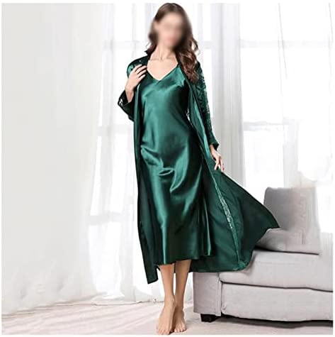 Robe Set Female Lace Hollow Out Long Gown Suit Sexy Intimate Lingerie Spring V-Neck Sleepwear, OZZKI, Green, Medium Code