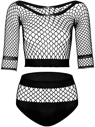 Women's Underwear Set See Through Vest Hollow Out Long Sleeve Top and Shorts Underwear Lingerie Set for Nightwear Nightgown Black