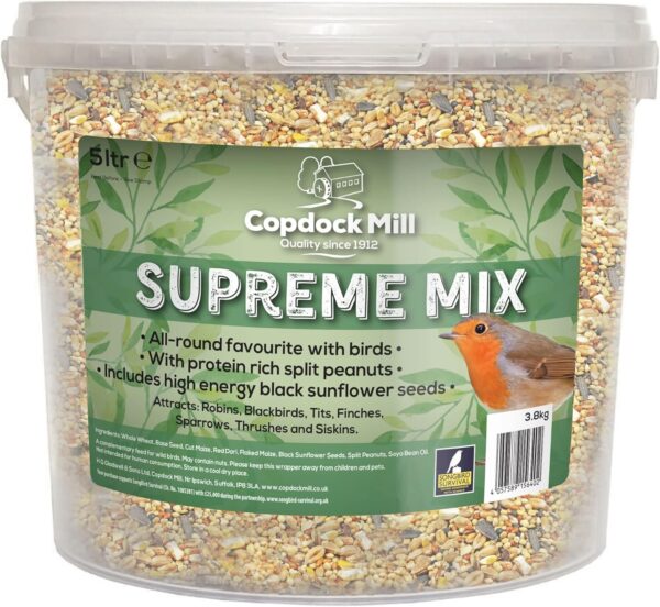 Copdock Mill Wild Bird Seed Supreme Mix 5L Tub – All Year-Round Bird Food – 100% Natural Ingredients Including Peanuts for Wild Birds – Suitable for All Wild Bird Species