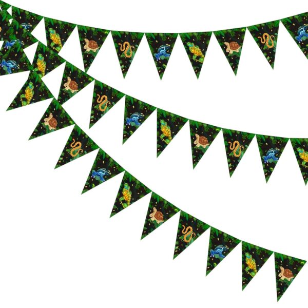 JOYMEMO 3 Pieces Reptile Pennant Banners - Pre-Strung Reptile Triangle Flag Party Decorations, Safari Animals Theme Wildness Snake Lizard Frog Turtle Birthday Party Supplies