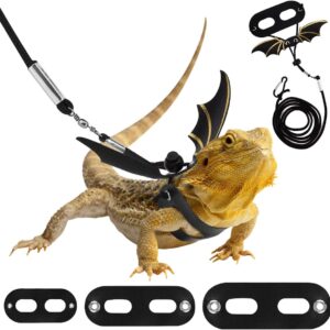 Pawaboo Adjustable Bearded Dragon Harness and Leash, 3 Size Leather Reptile Leash Outdoor Harness Leash with Bat Wings for Lizard Reptiles Amphibians Small Pet, Small/Medium/Large, Black+Gold