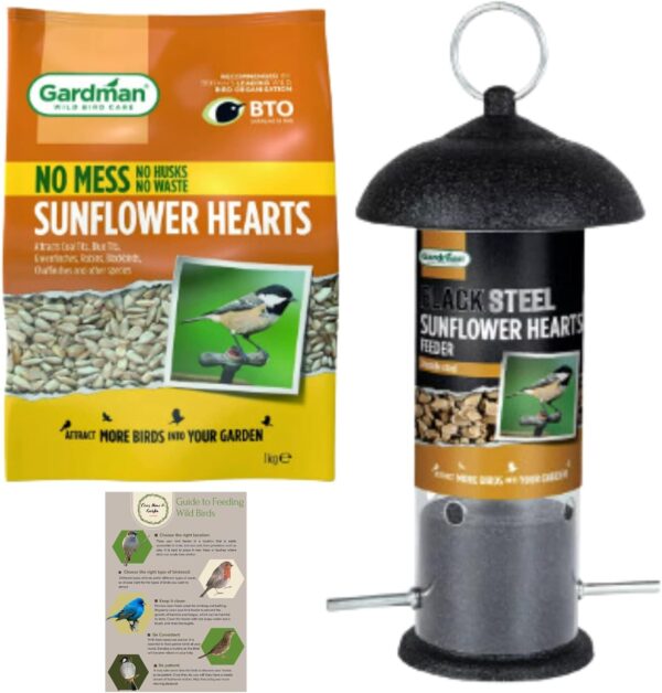 Sunflower Hearts Bird Seed Feeder Set - 1x Sunflower Hearts No Mess Bird Seed 1kg, Black Steel Sunflower Feeder, 1x CHG Guide - High Energy for Small Wild Birds