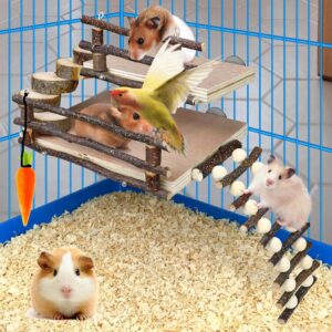 Wooden Small Animals Hamster Guinea Pig Climbing Toys 2 Tier Rat Activity Playground Platform with Ladders and Bridge Natural Forest Theme Exercise Toy for Small Pet Mouse Gerbil Rat Chinchilla