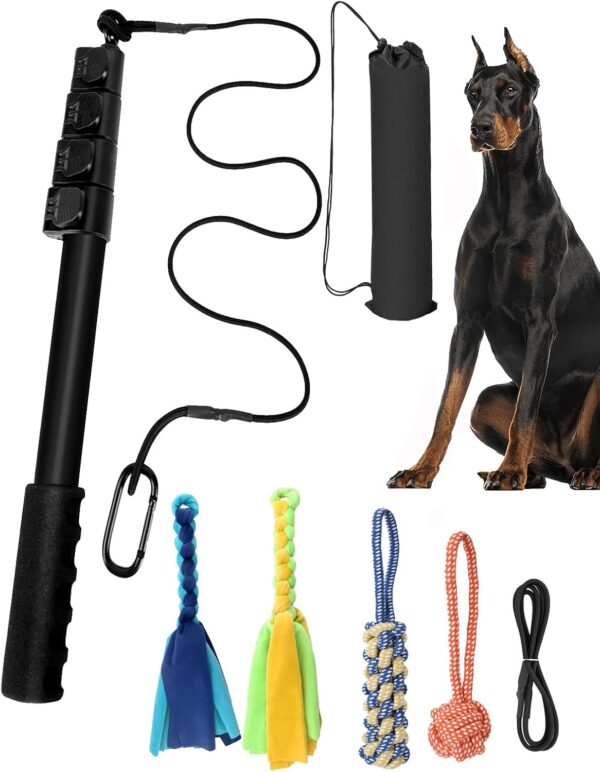 Flirt Pole for Dogs with 4 Chewing Cotton Rope, Heavy Duty Extendable Teaser Wand Pet Flirt Stick Outdoor Interactive Toy for Small Medium Large Dogs Training Pulling