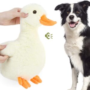 Pawaboo Squeak Plush Duck Dog Toy, Large 12'' Super Soft Plush Stuffed Duck-Shaped Pet Toys, Crinkle Paper Rattle Pet Biting Training Chew Toys Non-Toxic Plush Doll for Pet Dogs, Light Yellow/Orange