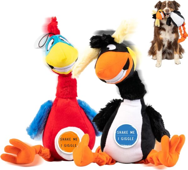 Pet Craft Supply Giggling Puffin & Parrot Multi Pack Interactive Dog Toys With Sound for Large Breed and Small Dogs Soft Chew Plush Dog Toy, Red Black