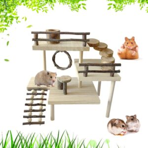 RoseFlower Wooden Hamster Platform for Cage, Hamster Playground Climbing Toy, Small Animals Pets Exercise Activity Set, Natural Living Climb System with Ladder Bridge for Gerbil Syrian Dwarf Hamster