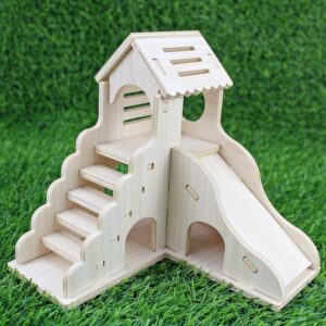 YankMooM Hamster House with Stairs Slide,Washable Wooden Hamster Play Slide Boredom Breaker Small Pet Activity Toy for Hamster Chinchilla and Other Small Animals