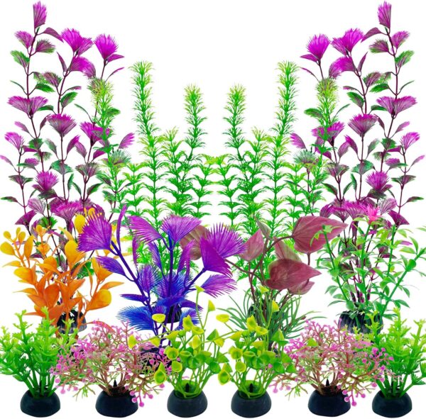 Yoolhamy Fish Tank Decorations Plants 14pcs Plastic Aquarium Artificial Plants Ornaments for Fish Tanks, Fish Hideout Accessories (Colorful)