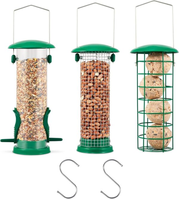 Zentea Bird Feeders - (3 pack) Metal Hanging Station for Small Birds - Crow, Pigeon, Squirrel proof Window, Garden, Backyard Hanging - Wild Bird Feeders for Nuts, Seeds, Fat Balls (Green)