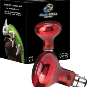 Aqua-Terra Lighting 100w Infrared Basking Heat Lamp for Reptiles, Amphibians and Invertebrates– R80 spotlight bulb with a B22 standard Bayonet Base suitable for vivarium heating