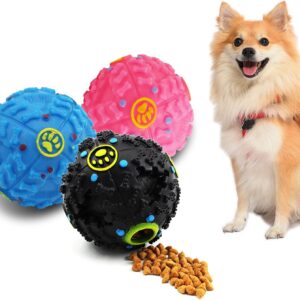 3 Pcs Dog Toys Ball with Sound, Dog Chew Toys Treat Dispenser for Puppy Small Dogs, Dog Treat Toy Puzzle Feeders for Molar, Teeth Cleaning, Boredom Relieving, IQ Training (S, Black, Blue & Pink)