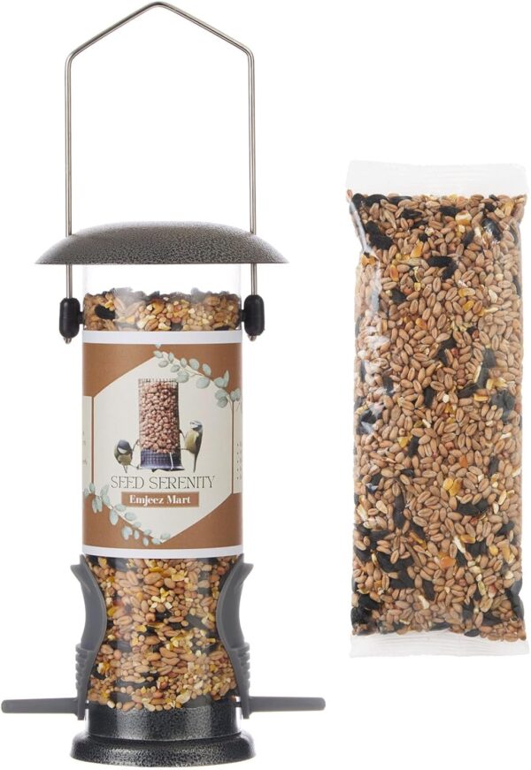 Emjeez Mart Wild Bird Seed Feeder Pre-Filled with Premium Seeds Plus Extra Seed packet,Sturdy Hanging Metal Design with Dual Perches, Refillable Lawn and Garden Outdoor use, bird feeders for Wild bird