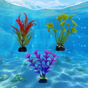 FloraMolly 3Pcs Small Plastic Aquarium Plants, Realistic Fish Tank Plants Artificial Fake Fish Tank Decorations Plants-Green Purple Red