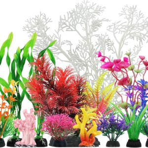 QUOZUO Aquarium Decorations Plants with Resin Coral, 12 pcs Fish Tank Accessories, Fish Tank Decorations Small Plants Plastic, Aquarium Decor Artificial Plant