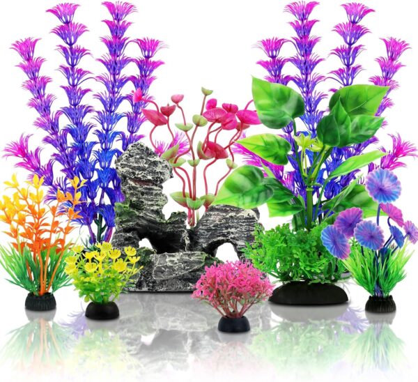 QUOZUO Fish Tank Accessories Artificial Plants, 9pcs Green Aquarium Decorations Plants and Cave Rock Decor Set, Aquarium Decor Plastic Plants