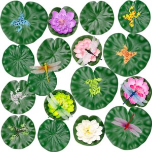 Sxutop 28 Pcs Artificial Pond Plants Set Floating Lotus Foam Flowers Faux Lily Pads Plastic Water Lillies for Ponds with Artificial Dragonfly Frog Lotus Leaves for Fountain Pool Aquarium Pond Decor