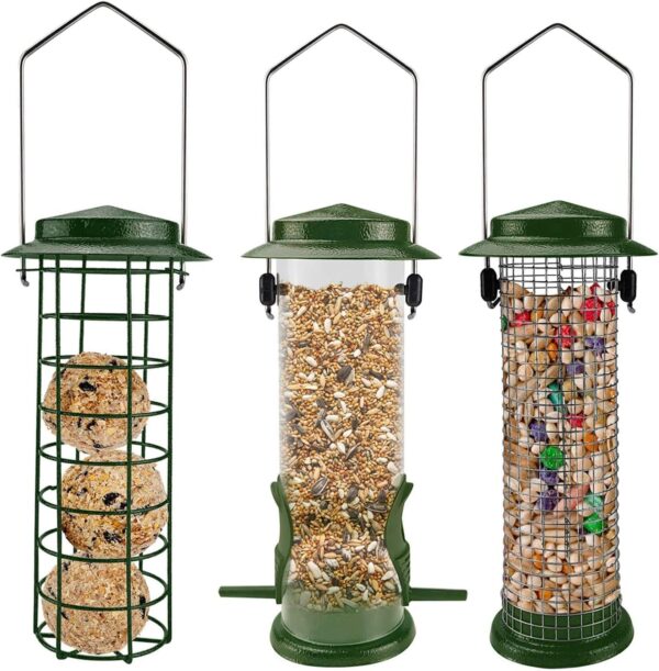 Urban Deco Metal Bird Feeders Hanging Station Fat Ball Bird Feeder Mesh Squirrel Feeder With Steel Hook Bird Seed Feeder - Weather Proof See Through Bird Feeder For Small Birds - Green- Pack Of 3