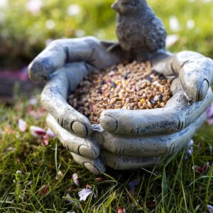 garden mile® Stone Effect Open Hands Garden Ornaments Bird Feeder Station Ornamental Bird Bath Stone Ornaments For Garden Freestanding Bird Bath or Feeding Station Suitable for Seed Peanuts