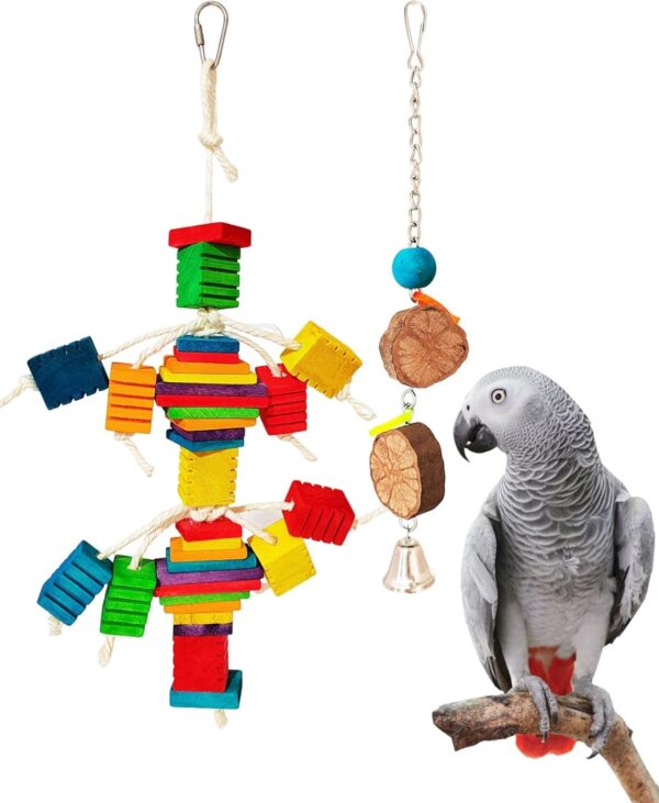 Budgie Toys Parrot Toys Hanging Pieces, Bird Chewing Toys Colorful Wooden Blocks Multi-layer, Cockatiel Toys With Unique Groove for African Grey Small Medium Parrot Decorative Bird Cage