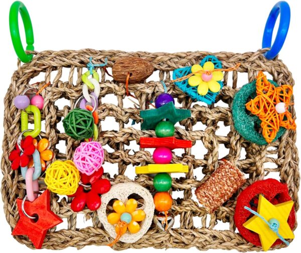 Parrot Toys BudgieToys and Accessories, Bird Toys Foraging Wall with Various Colorful Cockatiel Chewing Toys, Edible Seagrass Woven Climbing Hammock Mat for African Grey Parakeets Conures Lovebirds