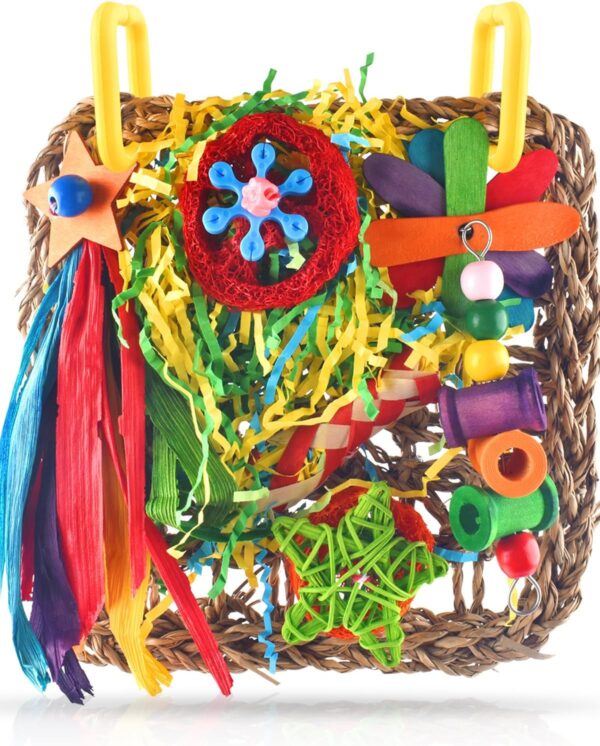 Cockatiel Toys, ERKOON Bird Budgie Toys Foraging Toys Hanging Bird Toys for Lovebrid Parakeets Conures Bird Foraging Wall with Colorful Toys for Birds Shredding Seagrass, Birds Cage Toy accessories