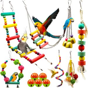 MQUPIN Bird Parrot Toys 12 Pack,Budgie Toys Parrots Cage Toys Hanging Swing Climbing Shredding Perches Toys Ladders Sepak Takraw Parrot Bite Toy Cockatiel Toys for Parakeet Budgerigar