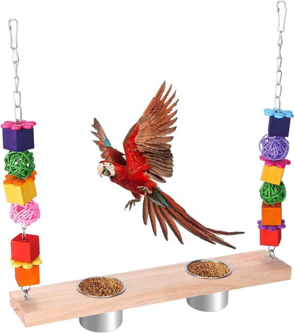 QIODAZOO Bird Swing Feeder, Double Bird Bowls Hanging Swing Chew Bird Ball Toy for Parrots, Budgie, Cockatiels, Conures, Finches, Small Parakeets