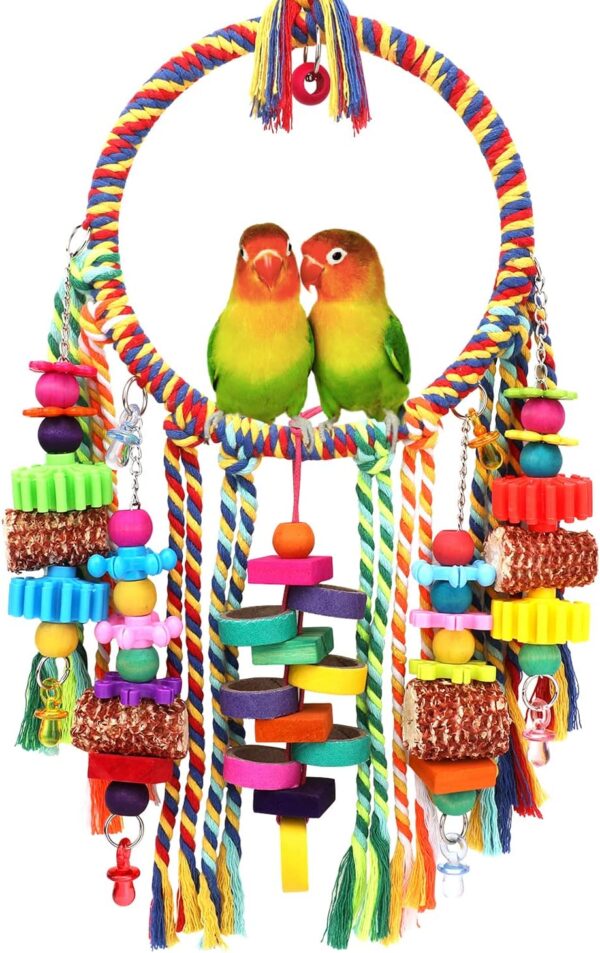 Bird Toys Bird Rope Ring Swing Perch with Corn Cob Cardboard Bagels Wooden Blocks Chewing Toys for Parakeets,Conure,Lovebirds,Finches And Other Small to Medium-sized Birds