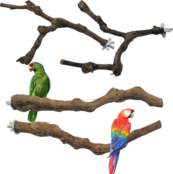 Allazone 4 PCS Bird Perch Natural Grape Stick Bird Standing Stick Swing Chewing Bird Toys Natural Grapevine Bird Cage Perch For Parrot Cages Toy for Cockatiels, Parakeets, Finches