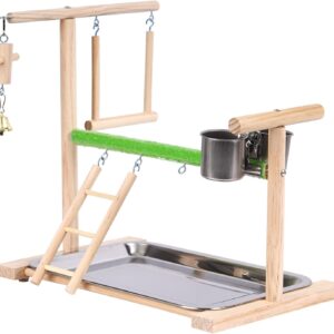 Parrots Playground Bird Perch Wood Playstand Stand with Ladder Swing Feeder Cups Chew Toy for Parakeet Conure Cockatiel Budgie Lovebird Finch Small Birds