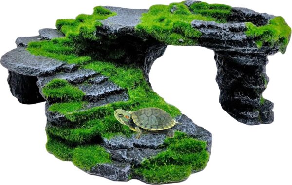 M2cbridge Reptile Hide Resting Step Ledge Cave Hideout Turtle Basking Platform – Great for Reptiles, Amphibians, and Fish (Moss Step Ledge B)