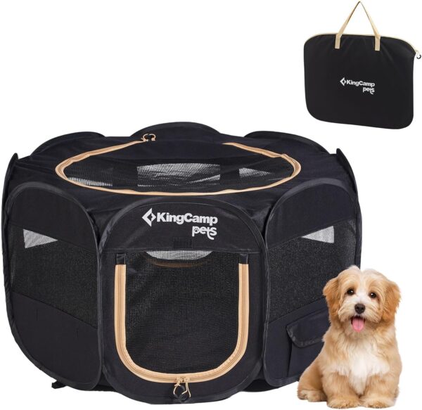 KingCamp Foldable Dog Playpen, Portable Pet Playpen with Breathable Mesh, Lightweight Pop Up Dog Cat Playpen, Dog Pen Pet Cage with Carrying Bag for Puppy Kitten Rabbit Indoor Outdoor, Black S