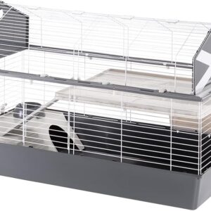 Ferplast Large rabbit cage BARN 120 Small pet home, American Barn Setting, Fully opening roof, Accessories and decorative stickers included, 119 x 58 x h 77 cm Grey