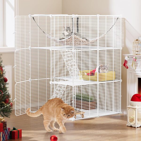 YITAHOME Cat Cage Indoor Cat Enclosures 3-Tiers DIY Cat Playpen, Cat Cage with Metal Wire Dense, Cat Kennel with Extra Large Hammock for 1-2 Cats, Chinchilla, Rabbit, Small Animal, 72x72x104cm, White