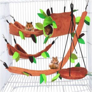 5PCS Hamster Hammock Rat Hanging Bed House Guinea Pig Nest Cage Toy Accessories Forest Pattern Cage Toys Accessories Leaf Hanging Tunnel and Swing for Small Animal Glider Squirrel Playing Sleeping