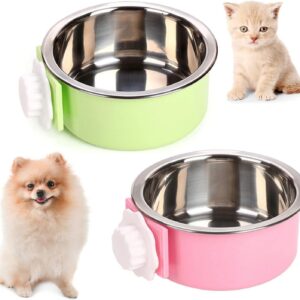 Kathson Crate Dog Bowl, Removable Stainless Steel Hanging Pet Cage Bowl Food & Water Feeder Coop Cup for Cat, Puppy, Birds, Rats, Guinea Pigs 2pcs(Pink,Green)