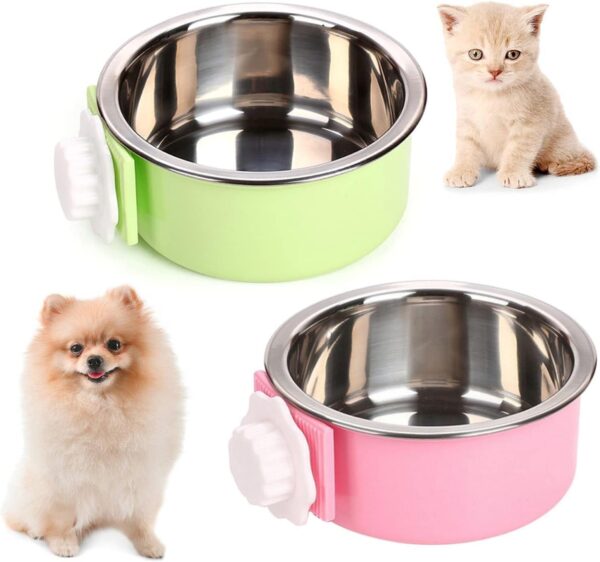 Kathson Crate Dog Bowl, Removable Stainless Steel Hanging Pet Cage Bowl Food & Water Feeder Coop Cup for Cat, Puppy, Birds, Rats, Guinea Pigs 2pcs(Pink,Green)