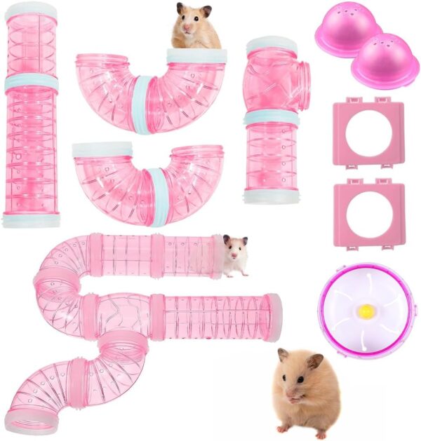 IBEQUEM 2 Hamster Tubes Kits, Hamster Tunnel Adventure External Pipe, Transparent DIY Creative Connection Hamster Cage & Accessories, Hamster wheel for Pet Mouse Hamster Rat Small Animals (Pink)