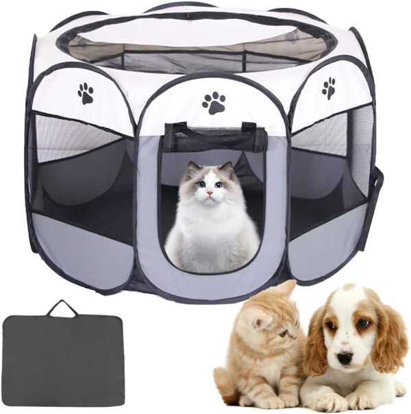 Hojalis Pet Playpen, Foldable Dog Play Pen Cat Pen with Storage Bag, Portable Puppy Playpen Kitten Pen, Small Dog Cat Cage, Pet Tent for Puppy Kitten Rabbit Hamster Guinea Pig (Grey)