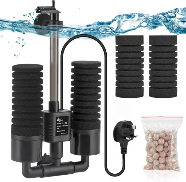 AQQA Aquarium Double Sponge Filter, 3W/5W Quiet Electric Power Fish Tank Filter, Submersible Foam Filter with 4 Sponges, 1 Bag of Bio Filtered Ceramic Balls (S)