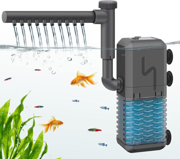 IREENUO Adjustable Fish Tank Filter, 600L/H Internal Aquarium Filter Pump with Spray Bar, 6W Silent Submersible Filter for Small Tank Up to 120 Litres