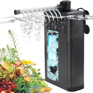 Internal Fish Tank Filter with 5W UV Light, Multi Filter Materials, Adjustable Water Flow Submersible 700L/H Aquarium Filter Pump for 70l ~ 120l Freshwater Saltwater, 2 Mode(Aeration/Rainfall), TU-700