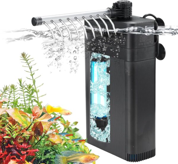 Internal Fish Tank Filter with 5W UV Light, Multi Filter Materials, Adjustable Water Flow Submersible 700L/H Aquarium Filter Pump for 70l ~ 120l Freshwater Saltwater, 2 Mode(Aeration/Rainfall), TU-700