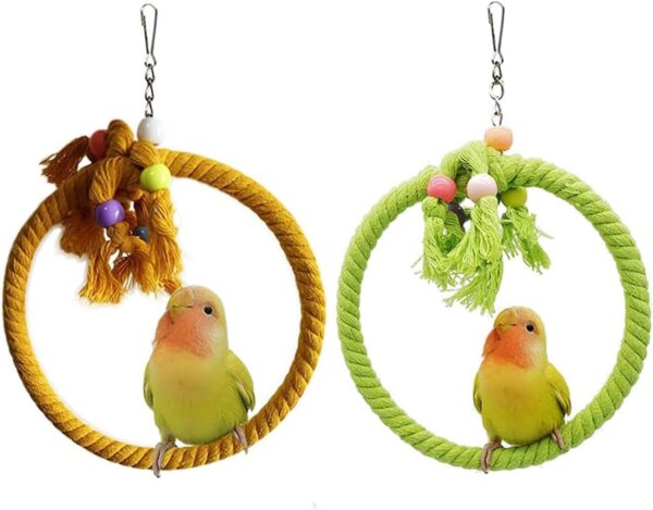 2 Pcs Bird Swing Cotton Rope Ring, Bird Swing Cotton Rope, Bird Swing Rope, Parrots Cotton Rope Swing, Parrot Swing Chewing Hanging Toys, for Budgie,Cockatiel,Canary,Parakeet